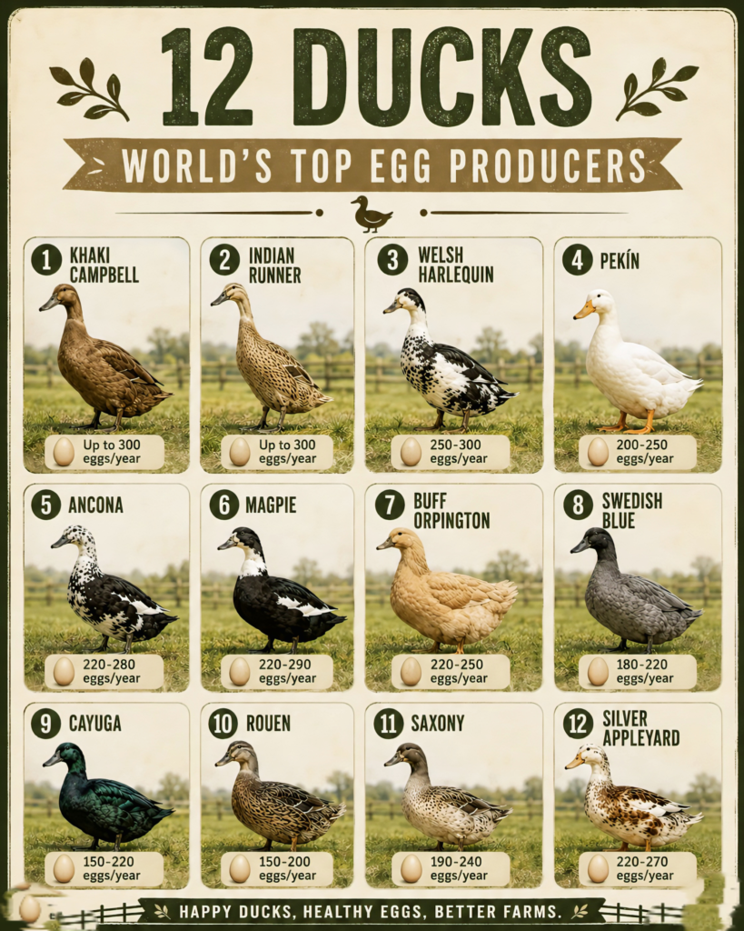 12 Duck Breeds That Will Actually Keep Your Egg Basket Full Infographic ranking 12 duck breeds by annual egg production, from Khaki Campbell and Indian Runner at up to 300 eggs per year down to Rouen at 150–200 eggs per year, each with a photo of the breed.